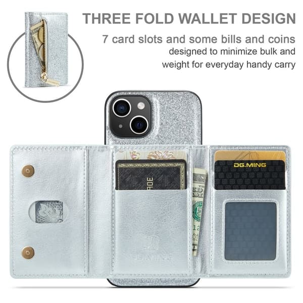 DG.MING M3 Series iPhone 15 Konstläder Plånboksfodral Magnetiskt Silver