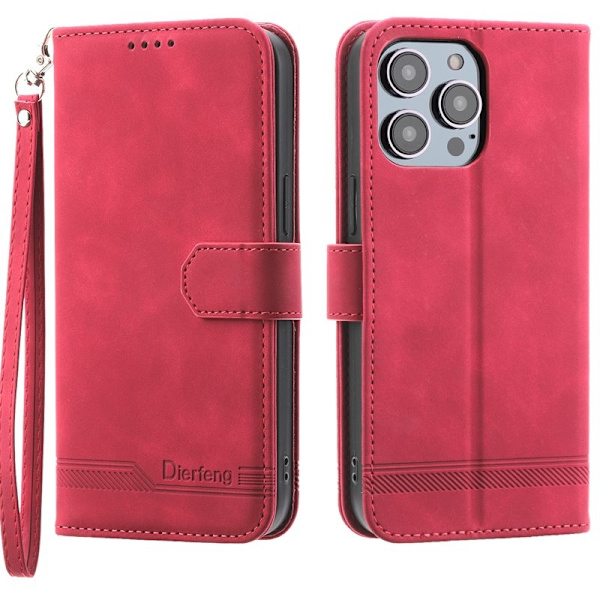 DIERFENG DF-03 Plånboksfodral för iPhone 15 Pro - Konstläder - Röd