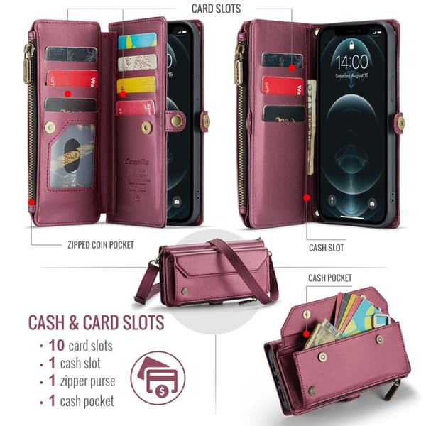 CASEME Plånboksfodral Konstläder för iPhone 12 Pro Max - Vinröd