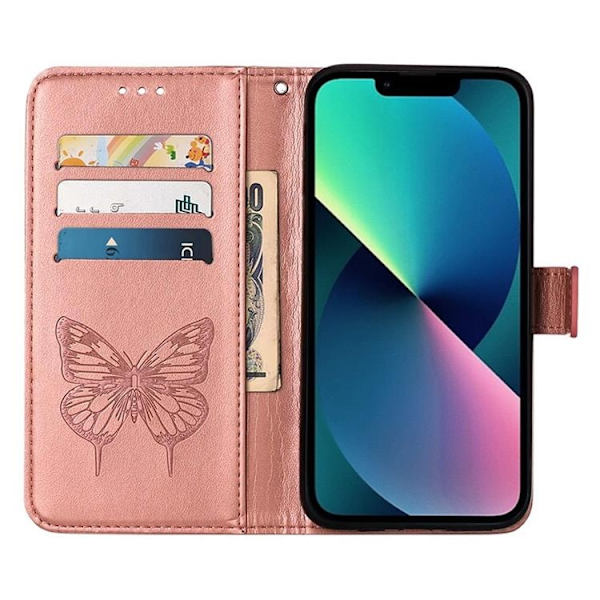 iPhone 14 Plus Pung Etui Sommerfugl Blomst Præget - Rose Guld