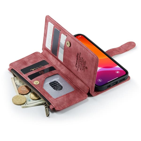 CASEME Konstläder Plånboksfodral för iPhone 12/12 Pro med Rem - Röd