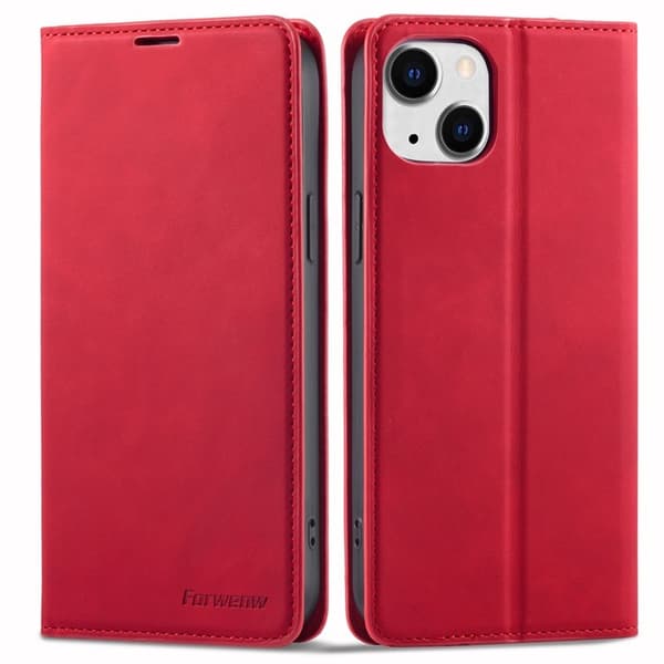FORWENW iPhone 15 Plus Plånboksfodral i Konstläder - Röd