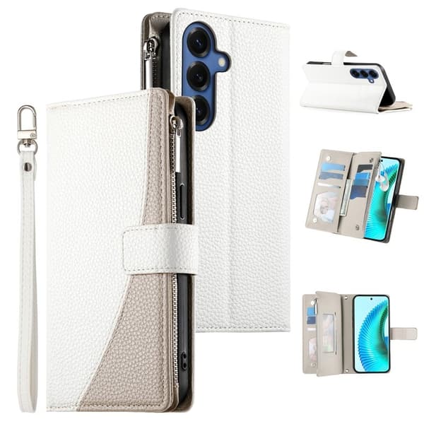 Samsung Galaxy S26 Plus Plånboksfodral Dragkedja Konstläder Flip - Vit