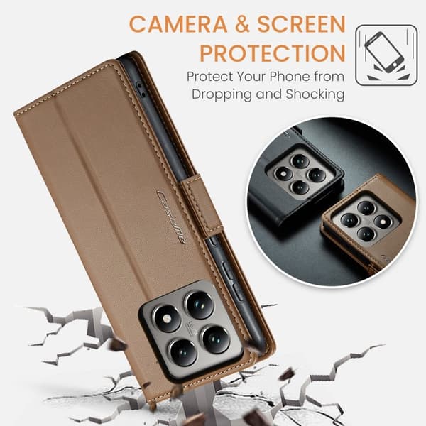 CASEME Xiaomi 14T Plånboksfodral Konstläder RFID-Skydd 3 Kortfack - Brun