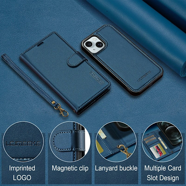 LC.IMEEKE L2 Series iPhone 15 Plus Plånboksfodral Konstläder - Blå