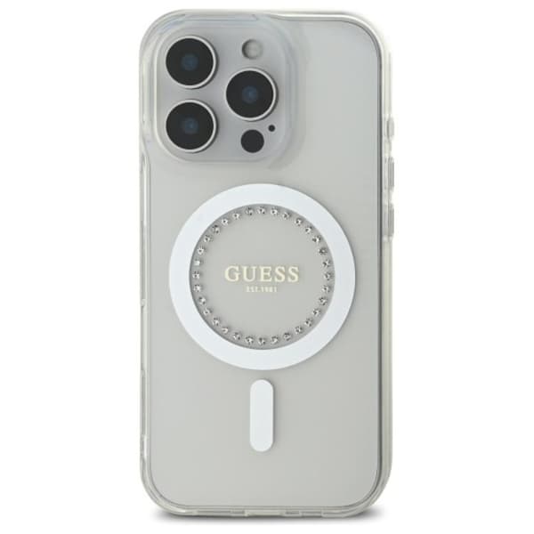 Guess telefontaske til iPhone 16 Pro MagSafe IML Rhinestone - Hvid Vit