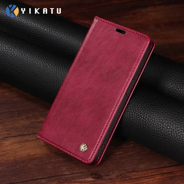 YIKATU OnePlus 15 Plånboksfodral Litchi Closure Konstläder Vinröd