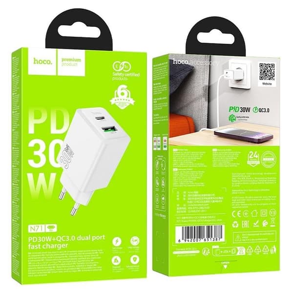 Hoco Snabbladdare PD 30W USB-A USB-C QC3.0 AFC 3A N71 - Vit Vit