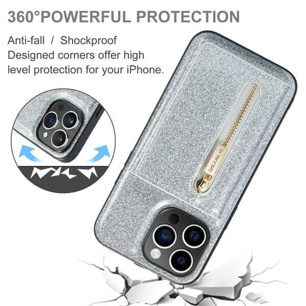 DG.MING M3 Series iPhone 15 Pro Plånboksfodral Glittery Konstläder Silver