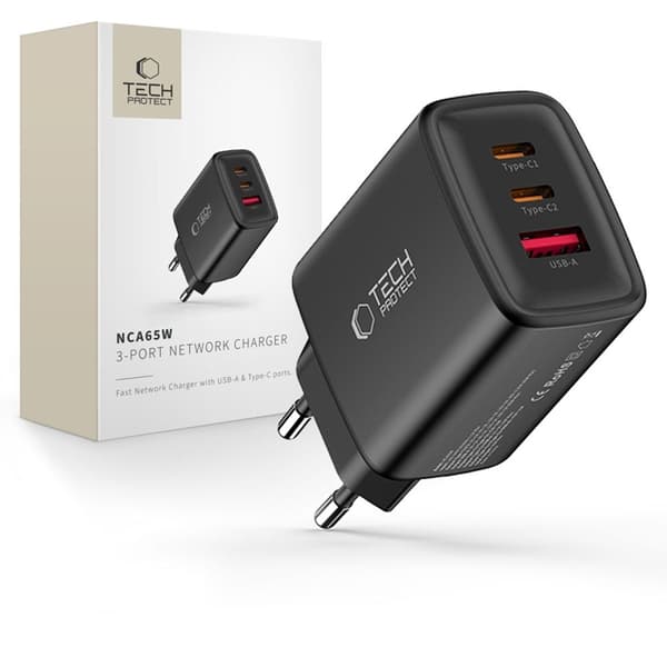 Tech-Protect 3-ports hurtigoplader PD 65W QC3.0 NCA65W-GAN Svart