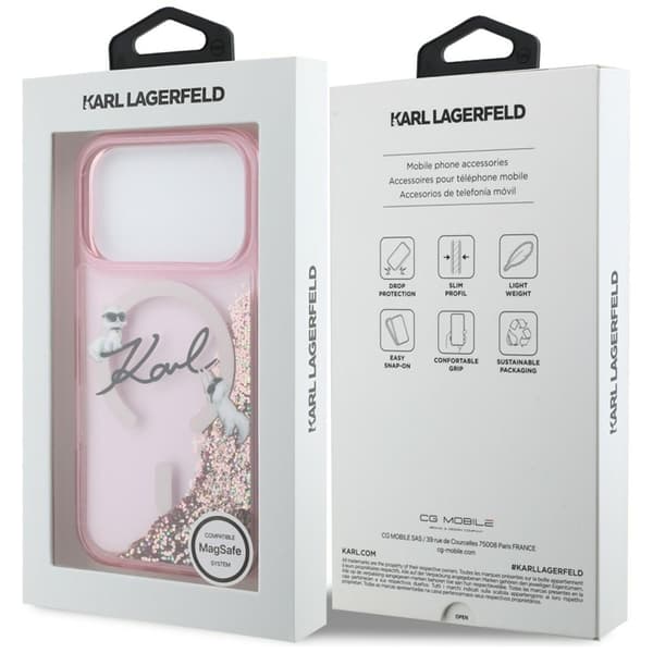 Karl Lagerfeld iPhone 17 Pro Max Mobilcover Magsafe Liquid Glitter Rosa