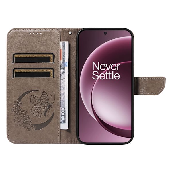 OnePlus 15 Plånboksfodral Butterfly Pattern Konstläder Grå