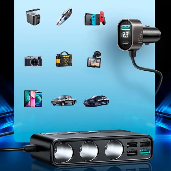 Joyroom 9in1 Billaddare 154W USB-C 5xUSB-A 3xcigarette lighter - Svart Black