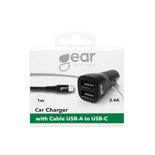 GEAR - Oplader 12-24V 2xUSB 3.4A Sort USB-C 2.0 Kabel 1m Black