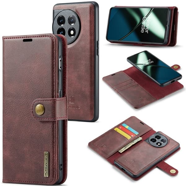 DG.MING OnePlus 11 5G Äkta Läder Plånboksfodral Detachable Magnet Röd