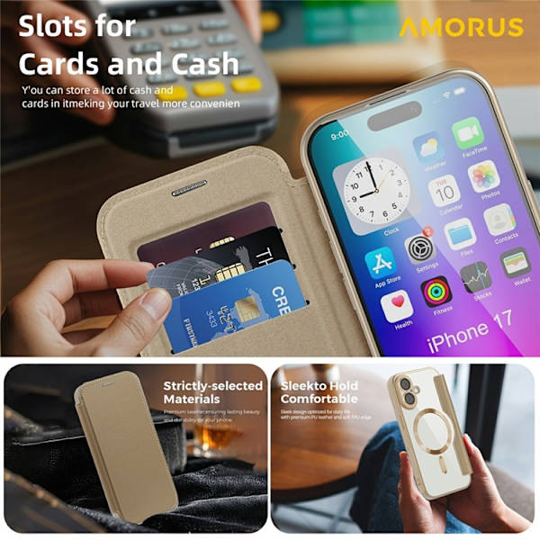 AMORUS iPhone 17 Plånboksfodral MagSafe RFID-Skydd - Guld Guld