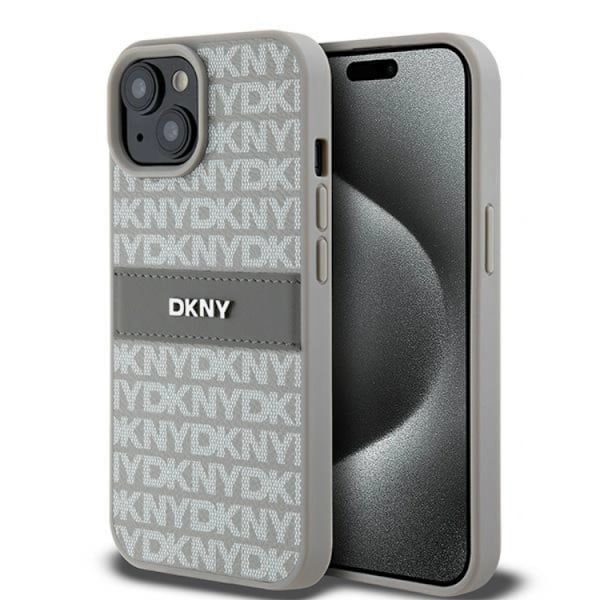 DKNY iPhone 15/14 Plus Mobilskal Läder Mono Stripe & Metal Logo Beige