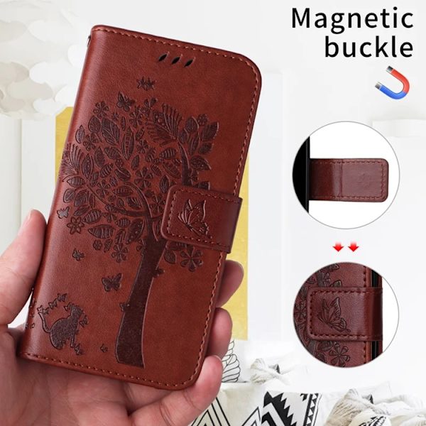 iPhone 17 Konstläder Plånboksfodral Tree Pattern - Coffee Brun