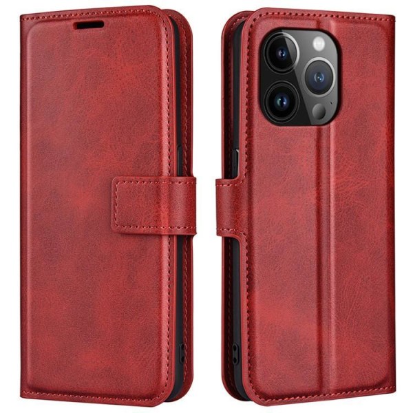 iPhone 15 Pro Wallet Case Calf Flip Folio - Rød