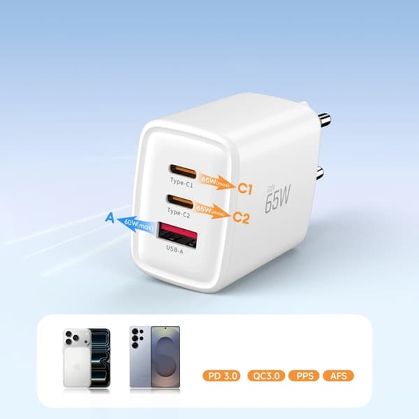 Tech-Protect 3-Port Hurtigoplader PD 65W QC3.0 NCA65W-GAN Vit