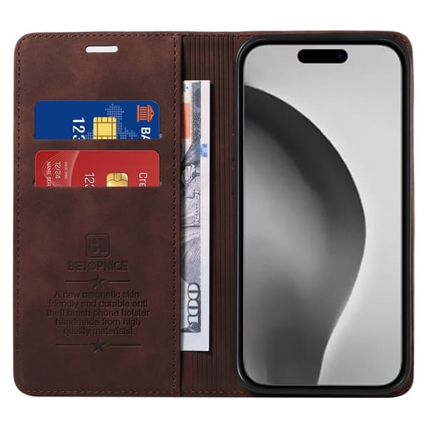 BETOPNICE 003 iPhone 16 Pro Max Plånboksfodral Konstläder - Brun