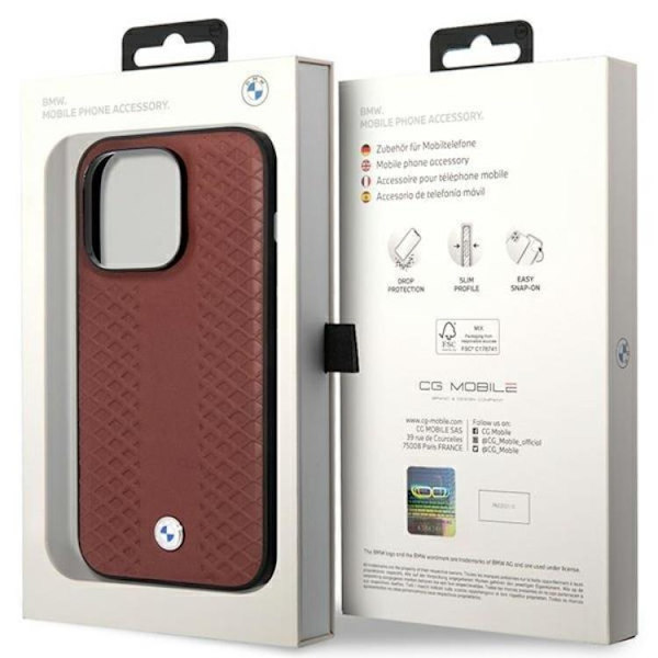 BMW Mobilskal till iPhone 14 Pro Max Läder Diamond Pattern - Burgundy Vinröd