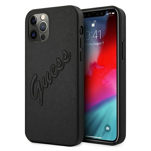 Guess Telefontaske til iPhone 12 Pro MagSafe Saffiano Vintage Script - Sort