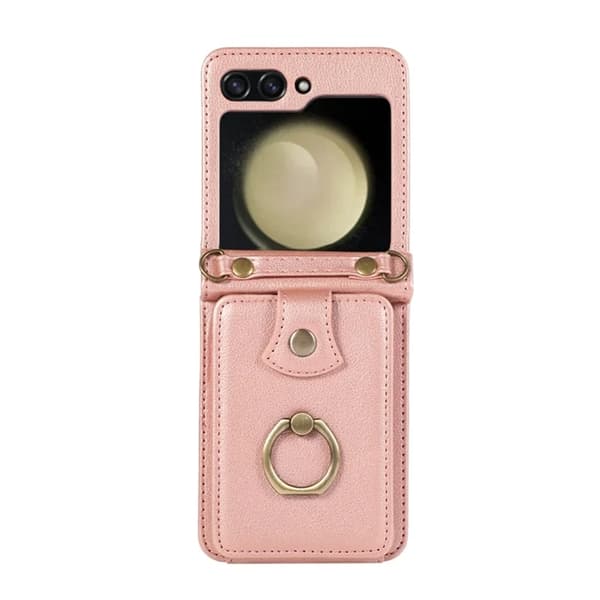 Galaxy Z Flip7 Plånboksfodral Ring Kickstand med Lång rem - Rosa Guld Roséguld