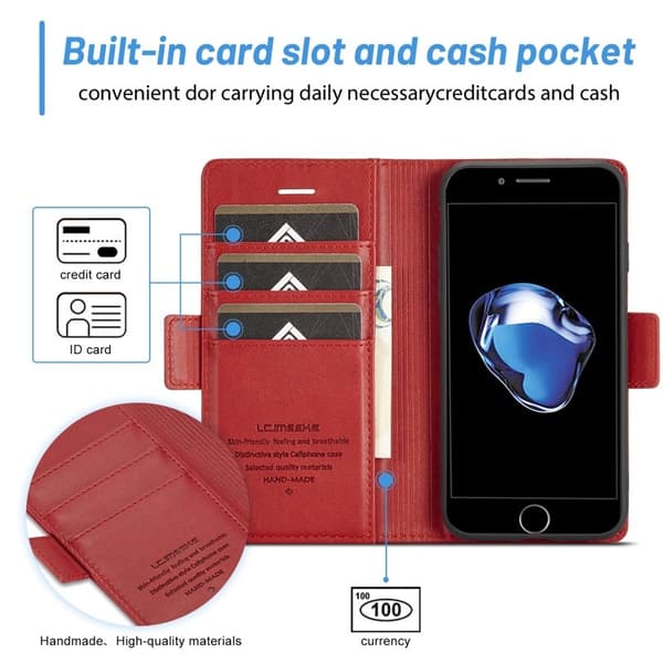 LC.IMEEKE iPhone 7/8/SE (2020/2022) Plånboksfodral Konstläder - Röd