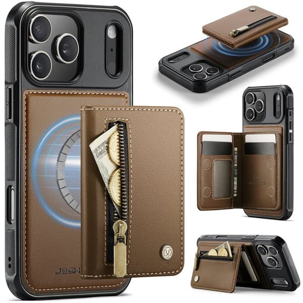 JEEHOOD J12 Plånboksfodral iPhone 17 Pro Magnetisk Konstläder Brun