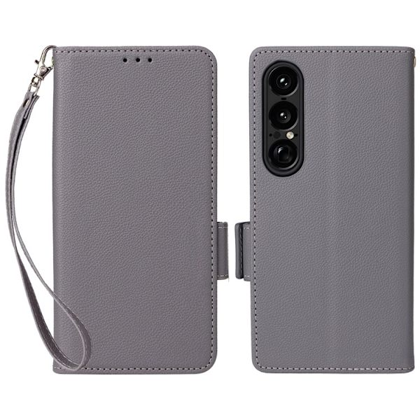 Sony Xperia 1 VII Plånboksfodral Litchi Texture Med Rem - Grå Grå