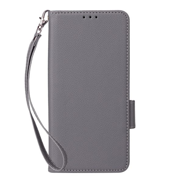 Galaxy S26 Edge Plånboksfodral Litchi Konstläder med Rem - Grå Grå