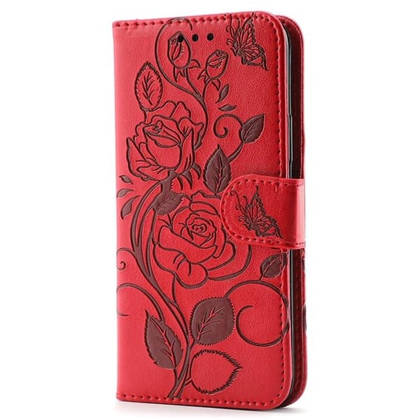 Galaxy S25 Konstläder Plånboksfodral Imprinted Rosa Butterfly Röd