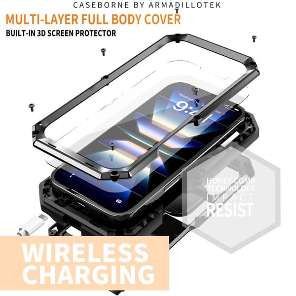 R-JUST Mobilskal till iPhone 16 Kickstand Silicone+Metal+PC TempeRöd Glass Svart