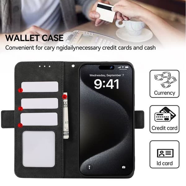 ABEEL iPhone 16 Plånboksfodral Konstläder RFID-Skydd Kortfack Svart