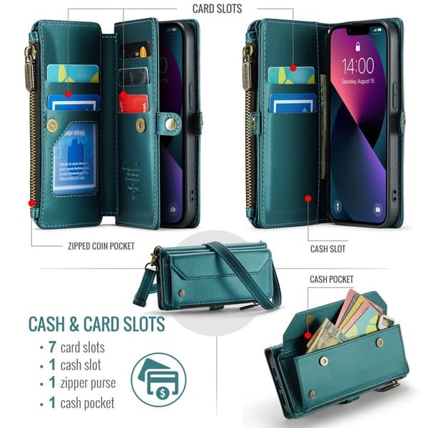 CASEME Plånboksfodral Konstläder för iPhone 13 med kortfack - Grön