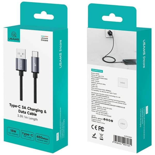 USAMS USB-A till USB-C Kabel 18W 1m U91 - Tarnish Svart