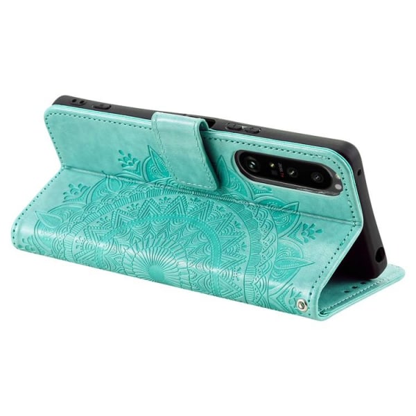 Sony Xperia 1 V tegnebog etui med påtrykt mandala blomst - grøn