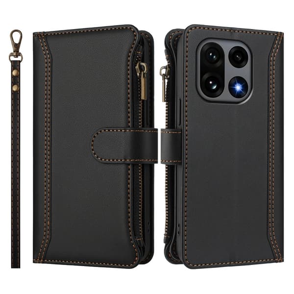 OnePlus 15 5G Plånboksfodral Zipper Konstläder Svart