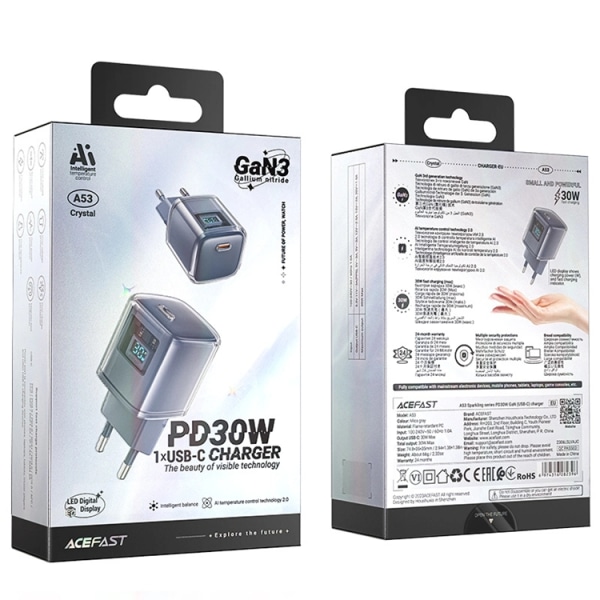 Acefast Väggladdare USB-C 30W Med Display - Svart