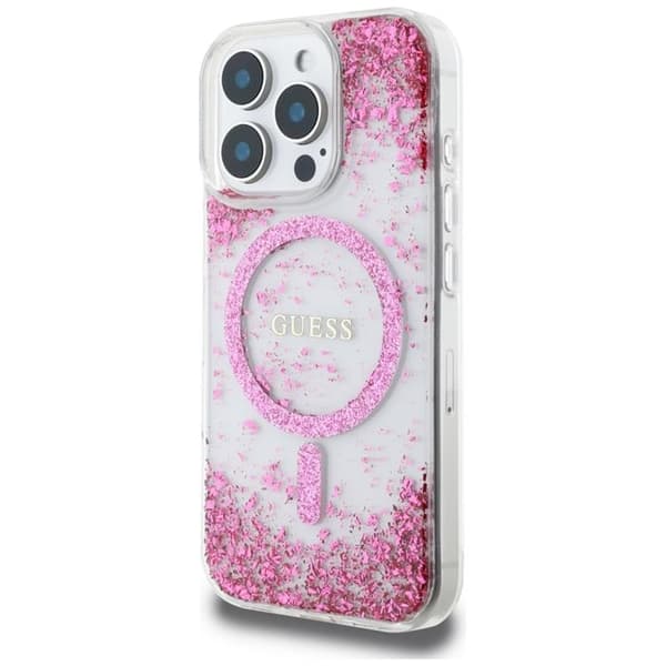 Guess Mobilskal till iPhone 16 Pro MagSafe HC Resin Bottom Glitter - Rosa Rosa