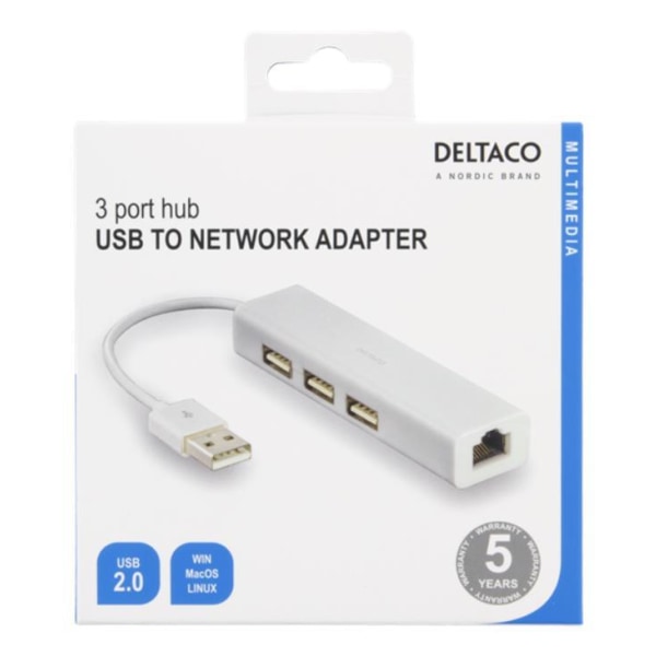 Deltaco USB 2.0 Netværksadapter med USB Hub - Hvid White