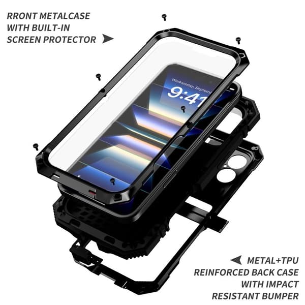 R-JUST Mobilskal till iPhone 16 PC+Silicone+Metal Ställ Svart