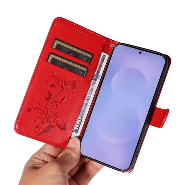 Plånboksfodral för Samsung Galaxy S26 Plus Konstläder Blommönster - Röd