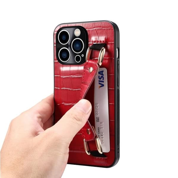 iPhone 14 Pro Cover Kortholder Crocodile - Rød Röd