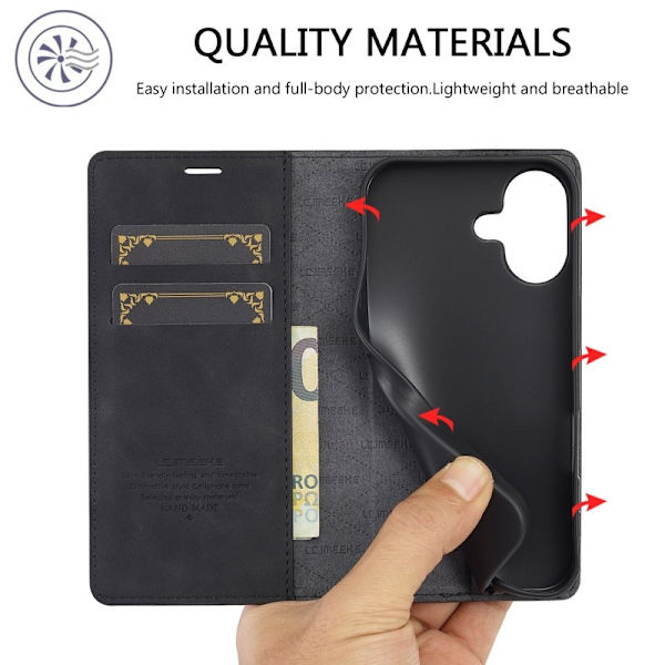 LC.IMEEKE iPhone 16 Plånboksfodral Konstläder- Svart
