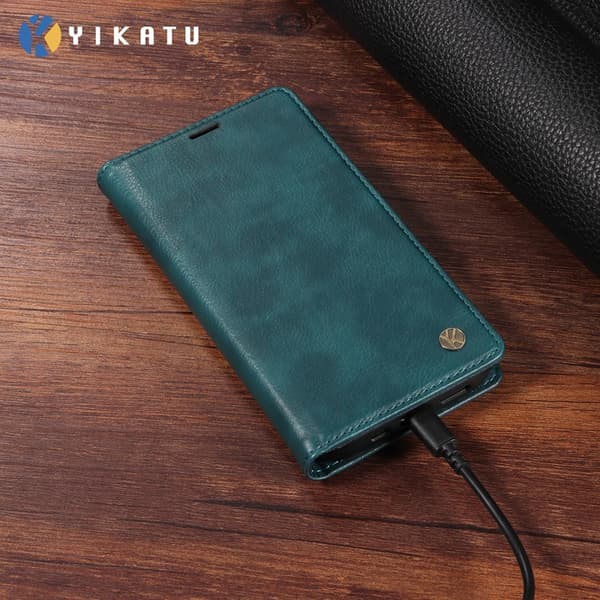 YIKATU OnePlus 15 Plånboksfodral Litchi Closure Konstläder Blå