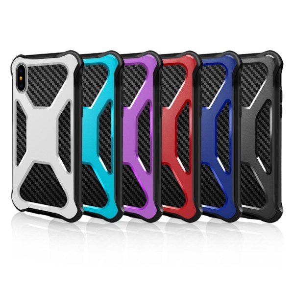 Carbon Fiber Texture 2-in-1 mobilskal med bältesfodral iPhone XS / X - Blå Blå