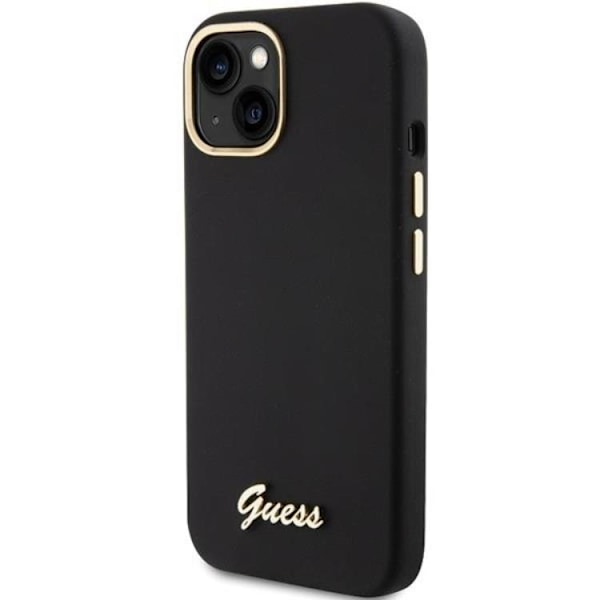 Guess iPhone 15 Mobilskal Silikon Script Metal Logo & Frame - Musta Black