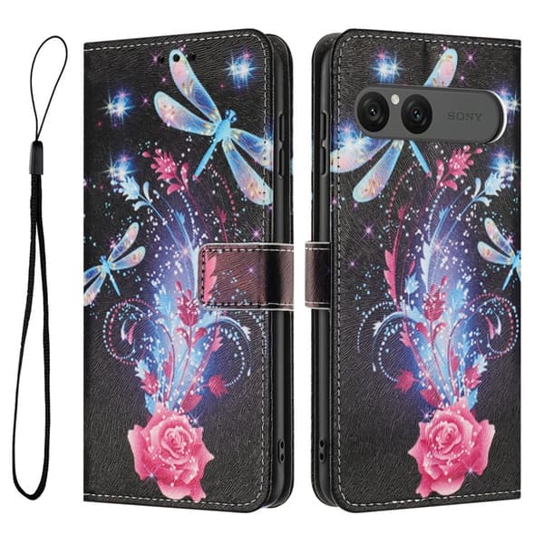 Sony Xperia 10 VII Konstläder Plånboksfodral Pattern Printing - Dragonfly Svart